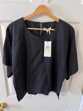 DKNY Pure Black 100% Linen Boxy Top Blouse T-Shirt Size: M